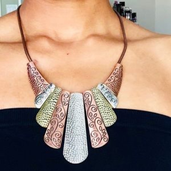 Boutique Jewelry - Tribal Copper Silver Gold Fan Bib Necklace